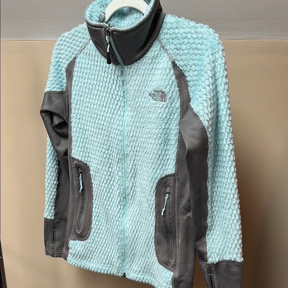 The North Face Light Blue and Gray Fuzzy Jacket, M
